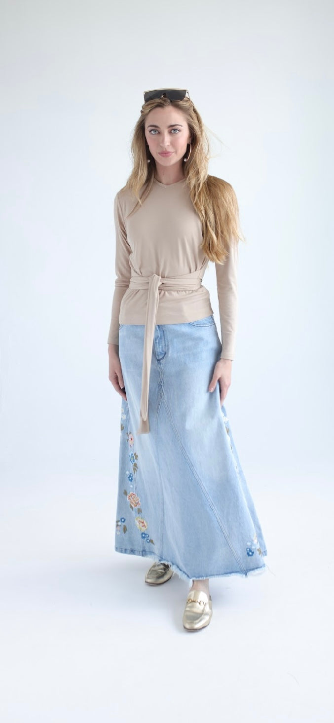 Stella floral embroidered jean skirt