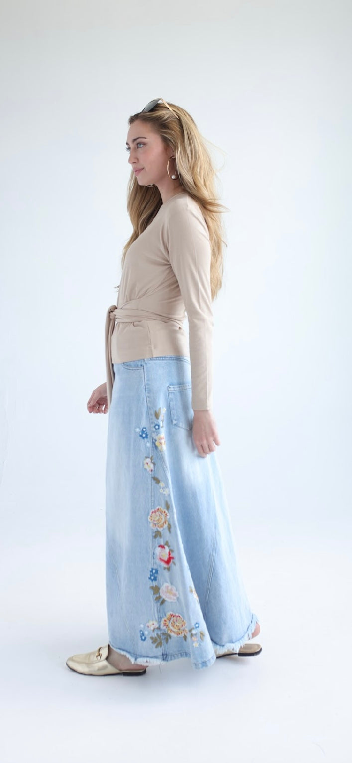 Stella floral embroidered jean skirt