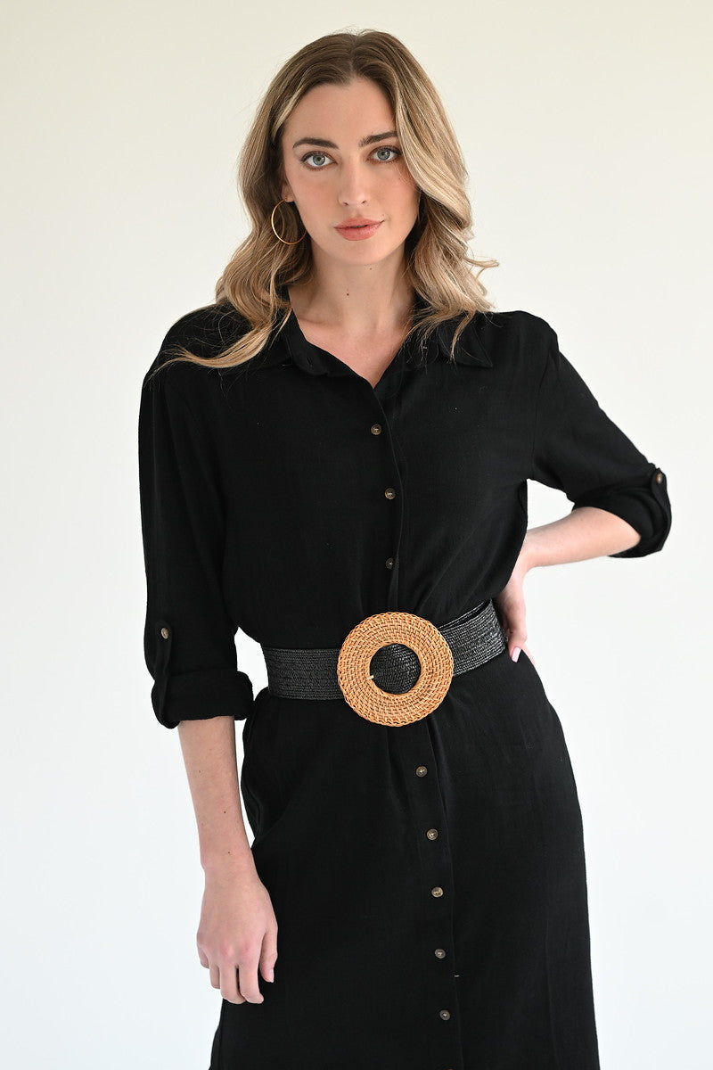 Raffia belt - Black - Round Buckle