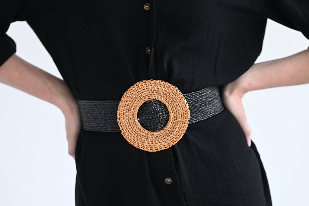 Raffia belt - Black - Round Buckle